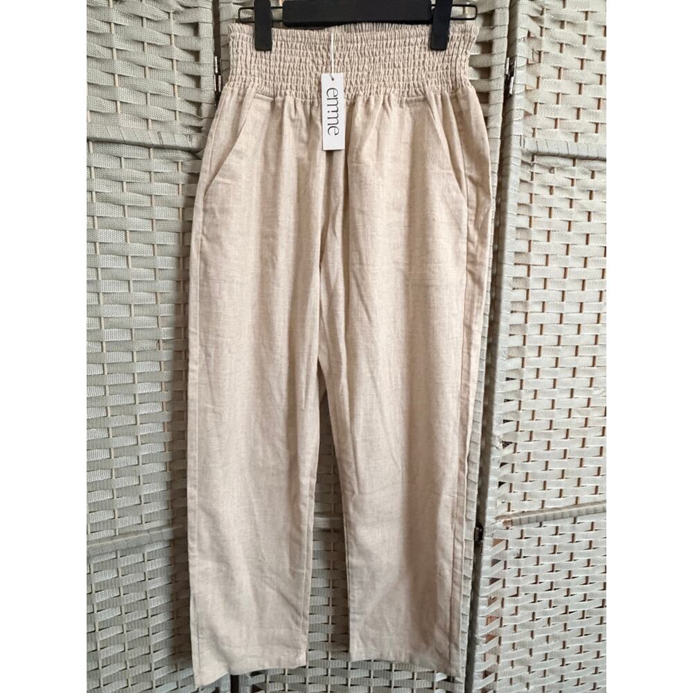 Emme Smocked Waistband Linen Pants Medium Beige NWT Cropped Length Pull On - Picture 3 of 13